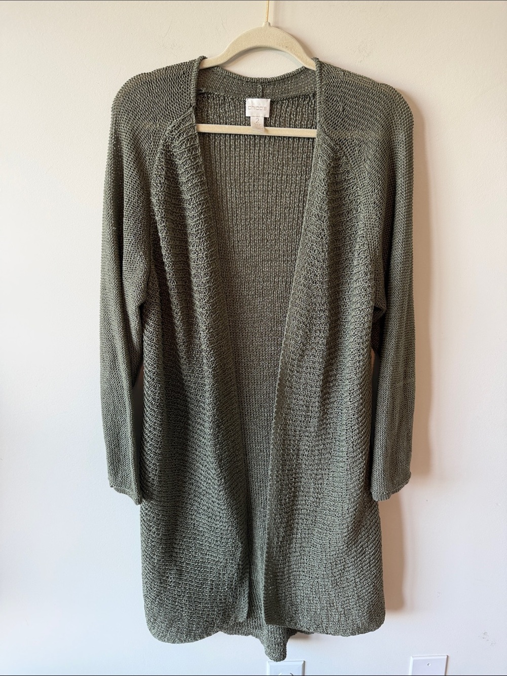 Chico's Cotton Blend Fatigue Texture Cali Flowy Cardigan Sweater Olive